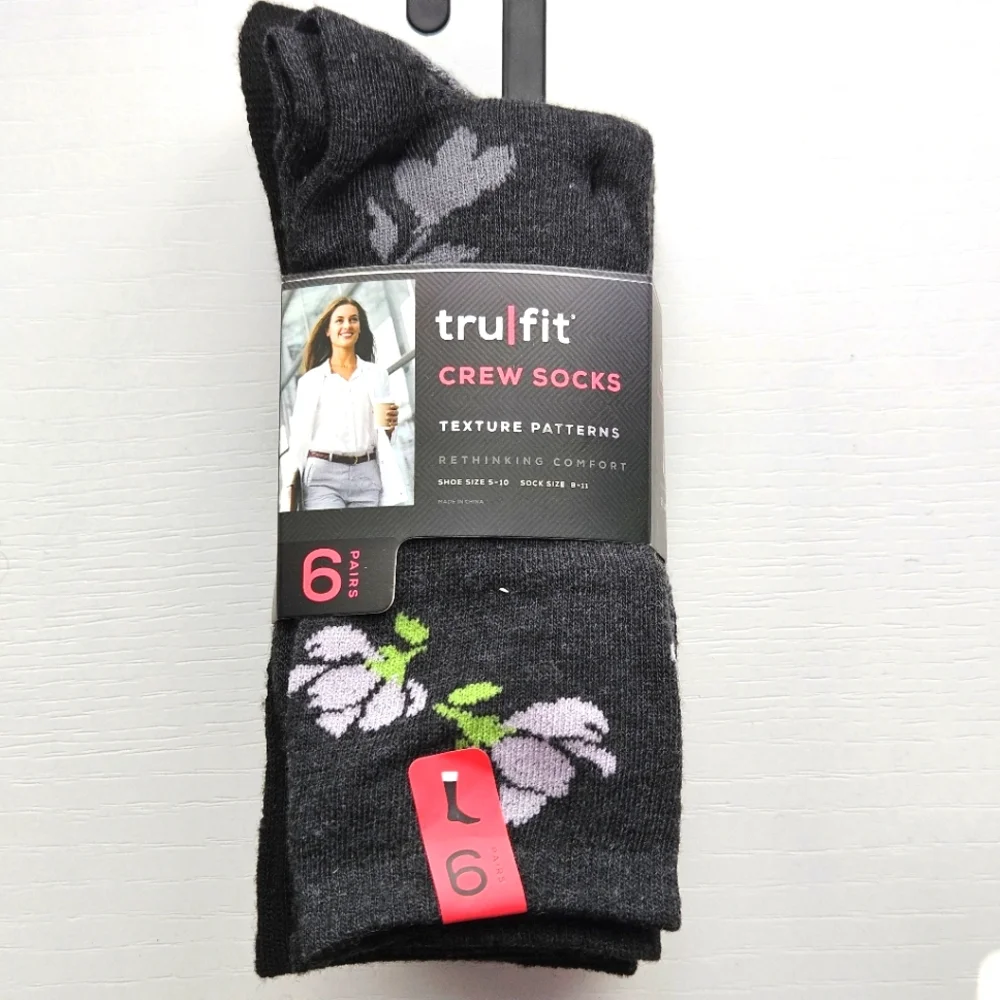 Tru/fit Black Crew Socks with Floral Pattern, 6 Pairs - Picture 1 of 5